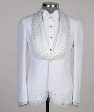 Men White Beaded Suit Pearls Crystals Jacket Shawl Lapel Tuxedo Spotted Party