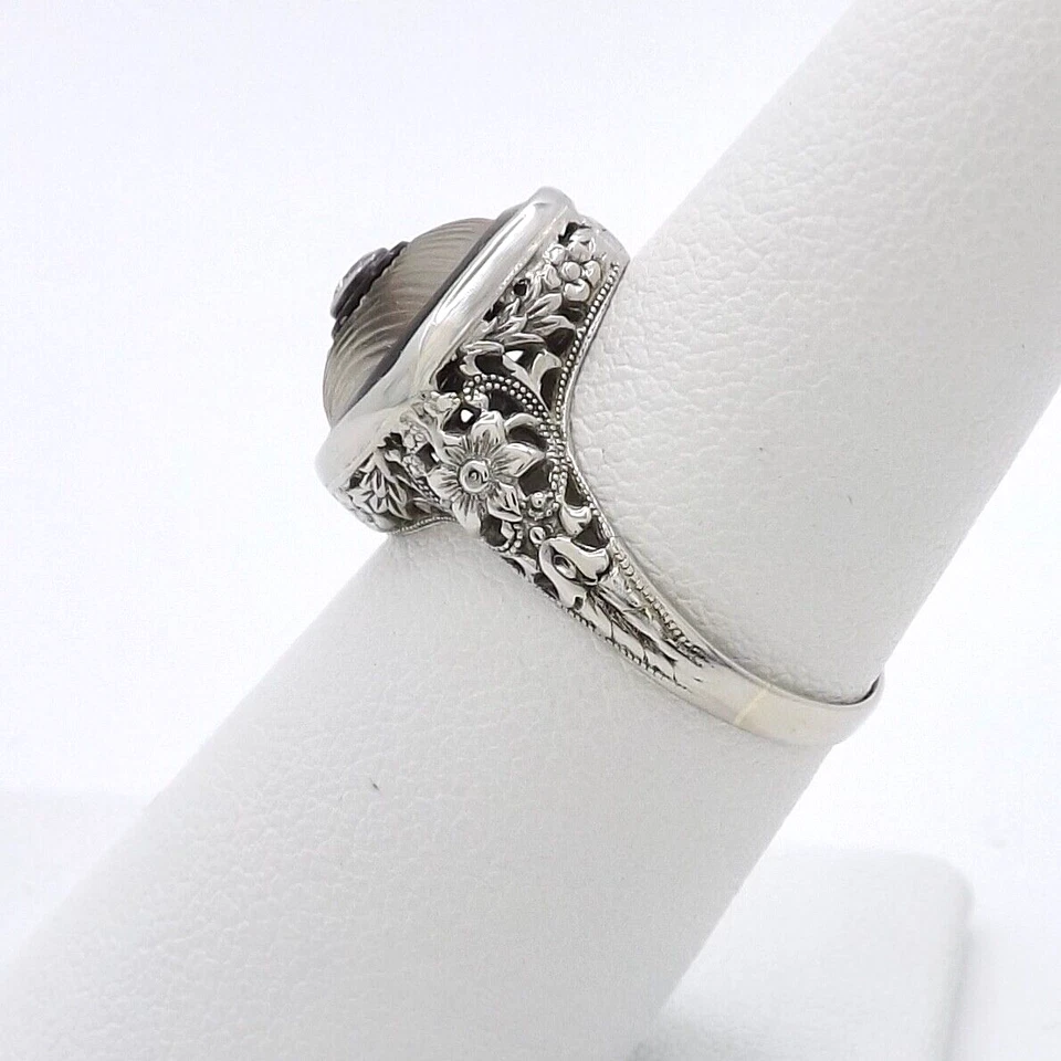 Art Deco 14k Gold Filigree Setting Ring Camphor Glass Black Onyx Natural Diamond - Image 3 of 4