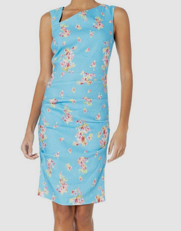 Nicole Miller Pink Dawn Stretch Linen Asymmetrical Dress Women's Dress Bahama Blue : 12