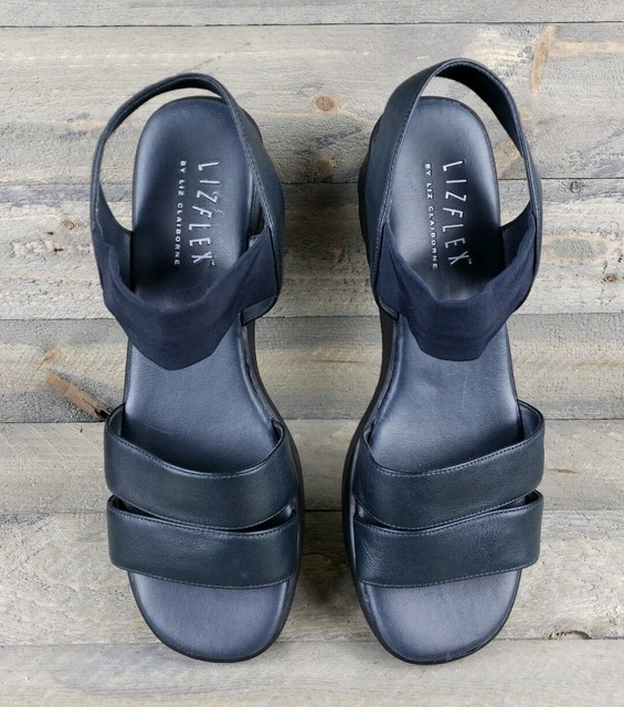 Women's Liz Flex Liz Claiborne Ankle Strap Open Toe Sandals Navy 8.5m Wedge | eBay