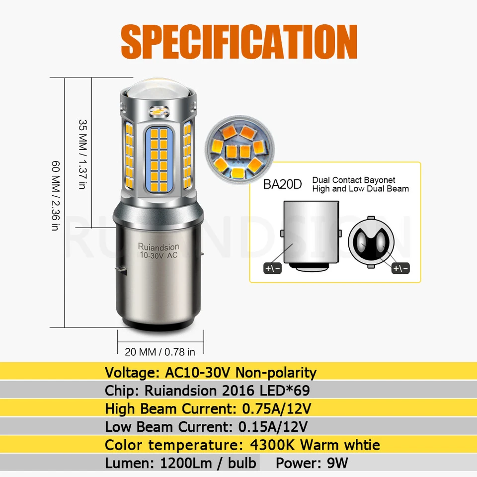 BA20D Motorrad Scheinwerfer Birne Go Kart Tag Fahrlicht 12V 4300K/6000K 1/2x - Image 3 of 4