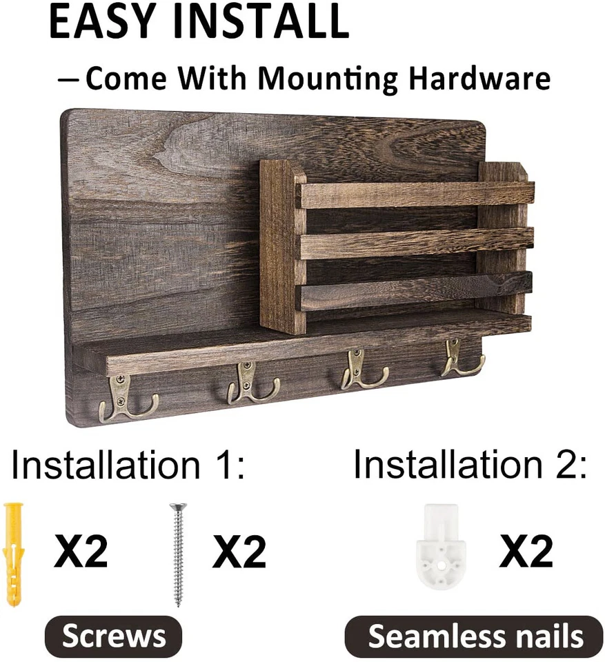 Wall Mounted Mail and Key Holder Wooden Mail Sorter Organizer w/ 4 Double Hooks - Image 3 of 4