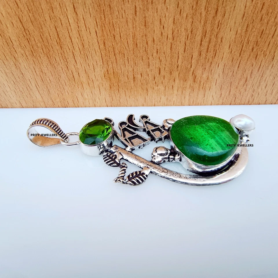 Colgante de Topacio Verde con Perla, Chapado en Plata 925 Grande Antiguo Hecho a Mano Foto 4 de 4