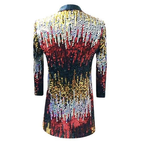 Men Shiny Fancy Sequin Tuxedo Long Suit Blazer Tailcoat Dress Coat Jacket Suit - Foto 6 di 13