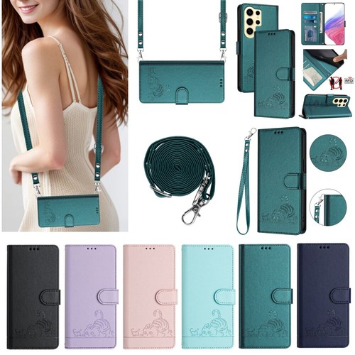 PU Leather Strap Wallet Cat Phone Case For Samsung Galaxy S25 S24 S23 S22 S21