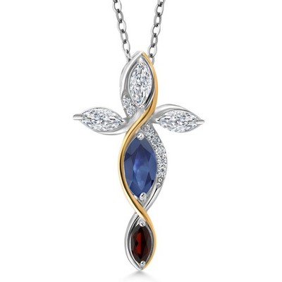 Cross Necklace For Women In 925 Silver and 10K Yellow Gold with Sapphire and
