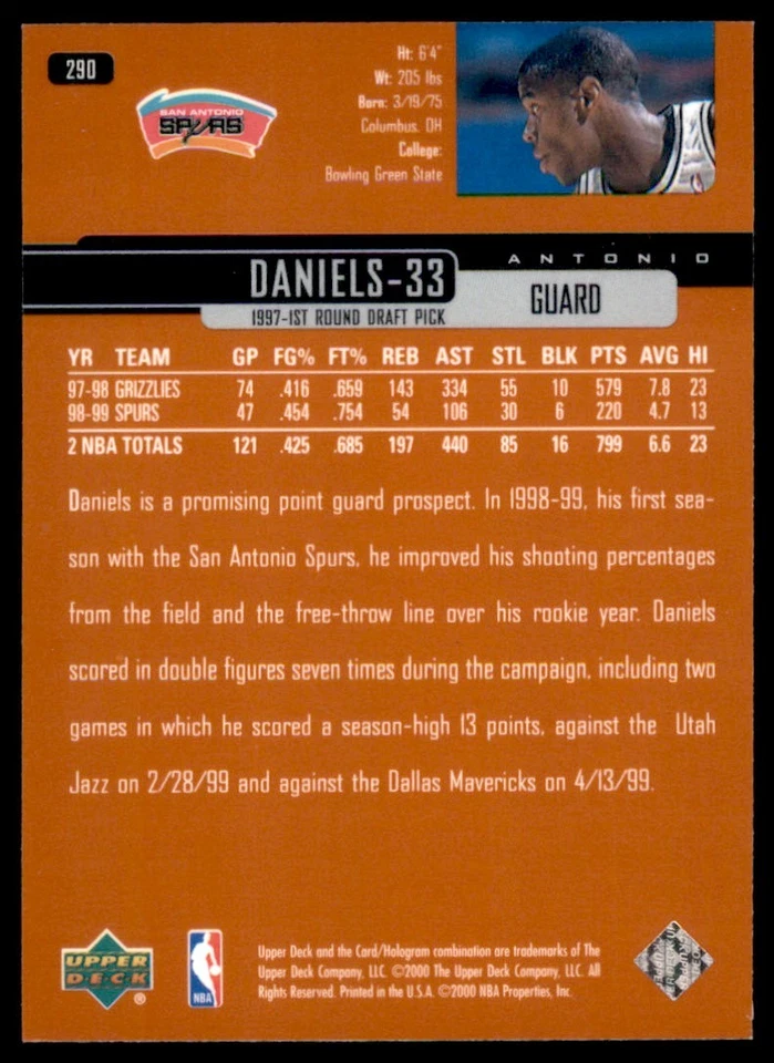 1999-00 Upper Deck Antonio Daniels San Antonio Spurs #290 - Image 2 of 2