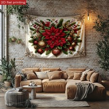 2D Flat, Large Red Poinsettia Holly Berry Christmas Tapestry Wall Hanging - Go