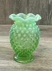 VINTAGE FENTON GREEN URANIUM HOBNAIL VASE 3 1/2” +- RUFFLE