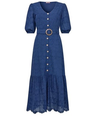 JOE BROWNS Midikleid Kleid mit Gürtel Knopfleiste dunkelblau bestickt Damen 