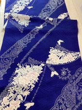 Japanese kimono silk fabric /floral, smooth weave, navy blue BC15