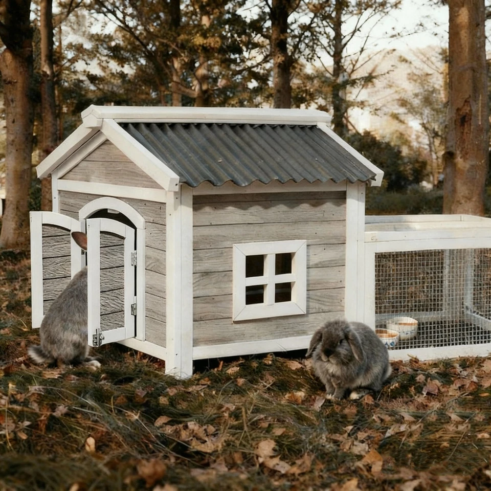  Cabaña de madera para animales pequeños, jaula para conejos interior exterior con cerraduras seguras y techo Foto 3 de 4