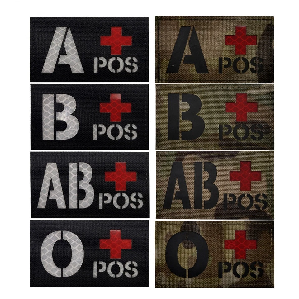 IR Reflective Blood Type A+ B+ AB+ O+ POS Medical Hook Loop Patch Fastener Badge - Image 2 of 4
