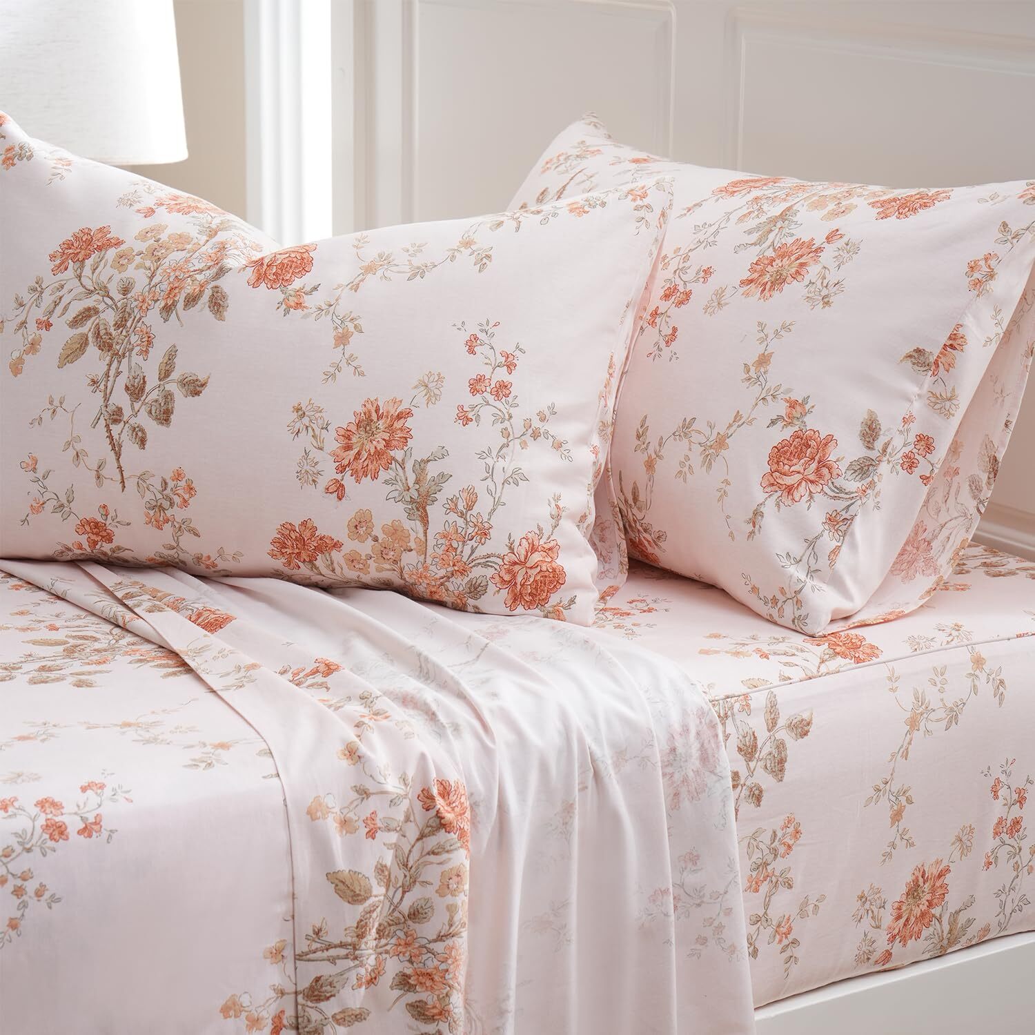Full Size Sheets 100% Percale Cotton Orange Floral Bed Sheet, Brushed for Ext...