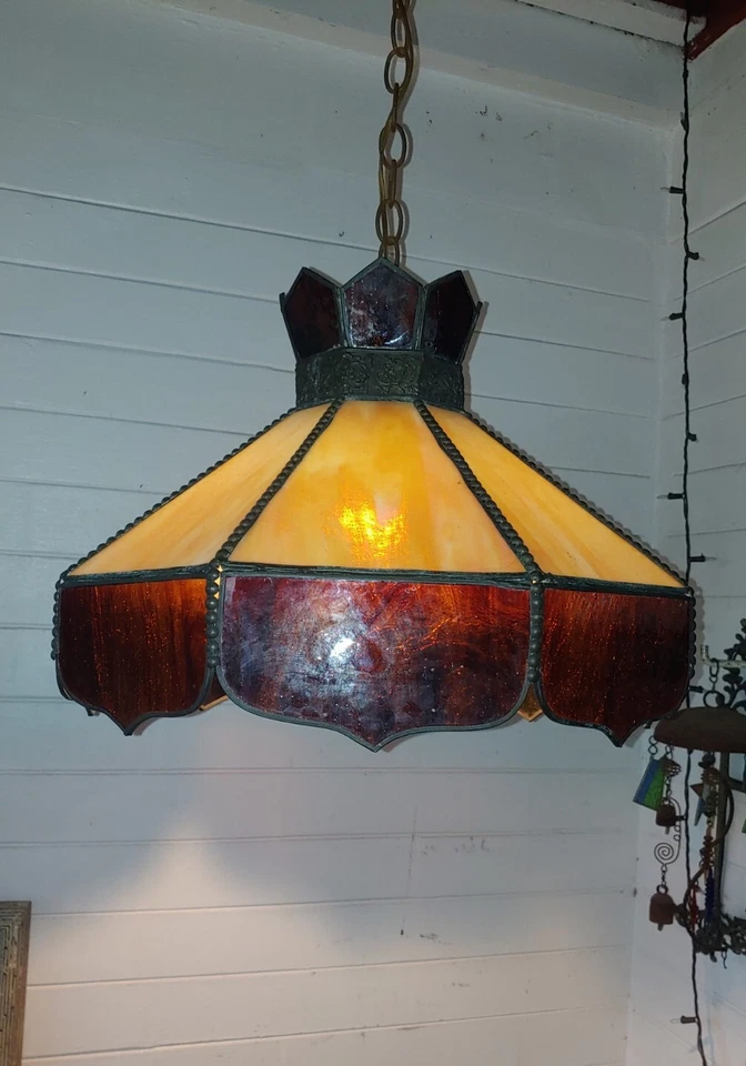 Rare Vintage  Stained  Slag Glass  Hanging Light Fixture Earth Tones - Image 3 of 4