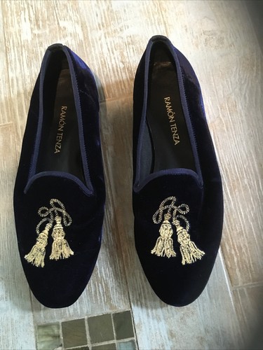 Ramon Tenza New Navy Velvet Slipper Shoes W/ Gold Embellished Tassels Sz 8 - Picture 3 of 6
