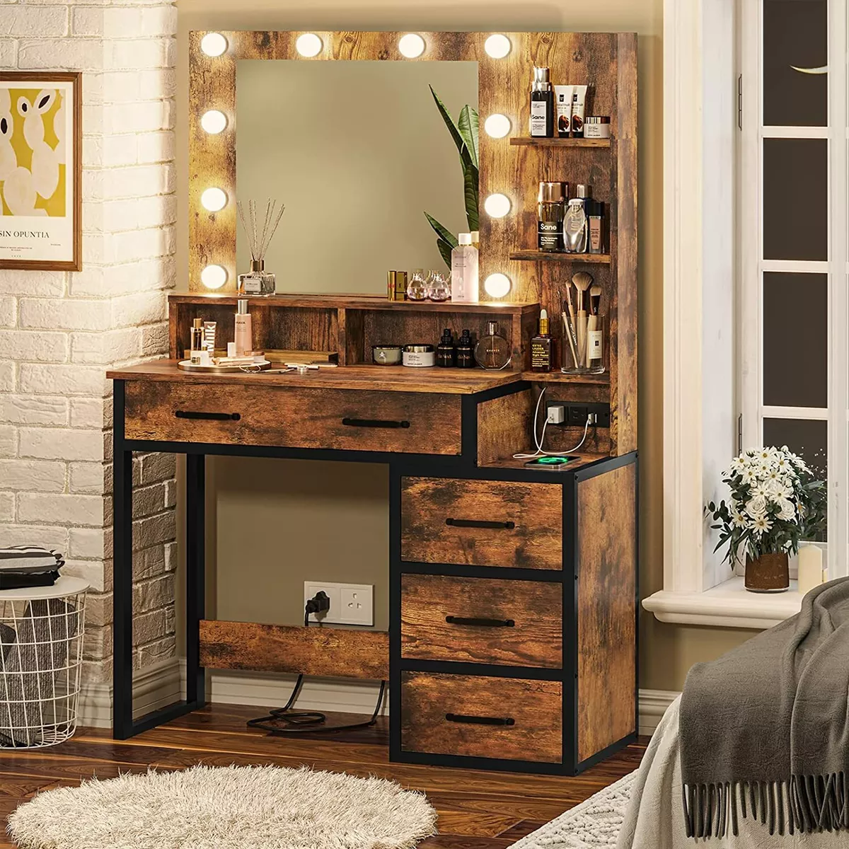 Vanity Table with LED Lighted Mirror brown Makeup Table 5 Drawer