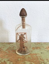 Antique Folk Art Whimsy Bottle With Wooden Sculpture. Victorian Era