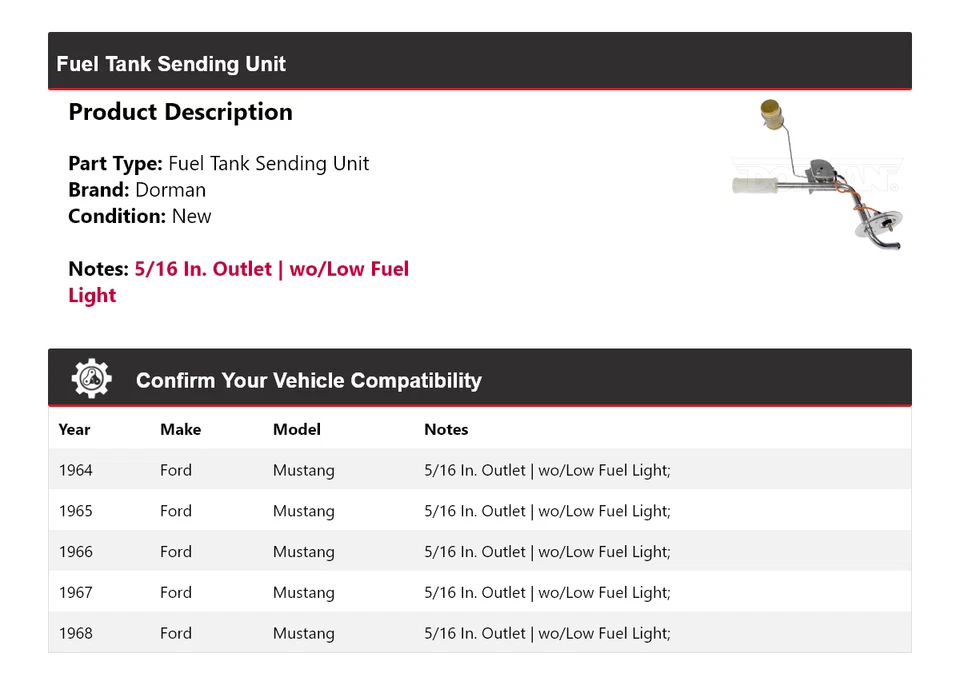 Unidad de envío de tanque de combustible para Ford Mustang Dorman 1964-1968 1965 1966 1967 Foto 2 de 4