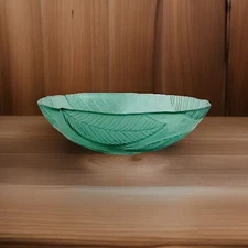 Green Crystal Centerpiece Bowl with Embossed Leaves