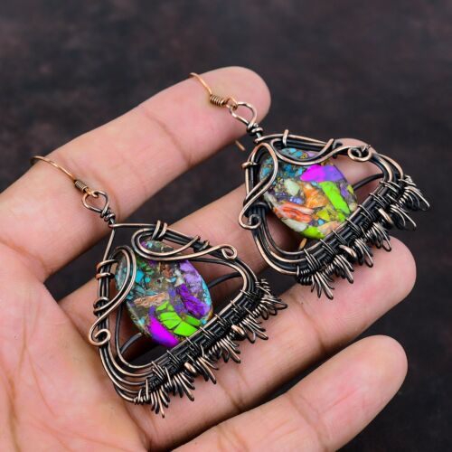 Gift For Her Copper Fiesta Kingman Turquoise Wire Wrapped Earrings 2.64" - Afbeelding 1 van 6