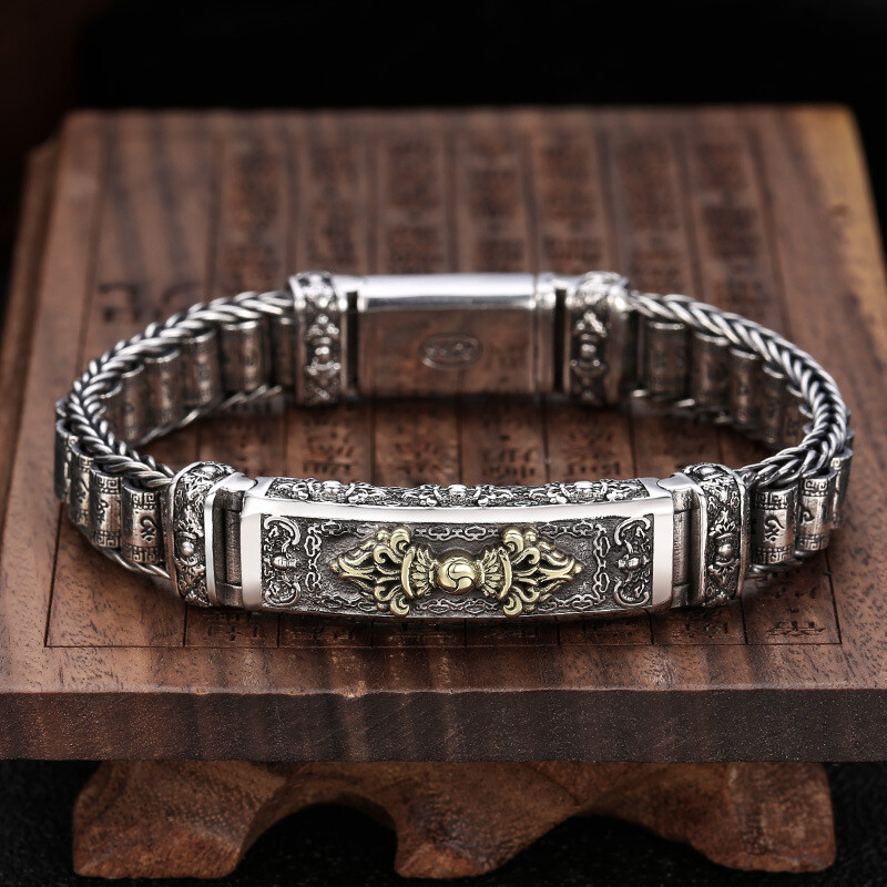 Real 925 Sterling Silver Bracelet Man's Gold-color Vajra Sutra