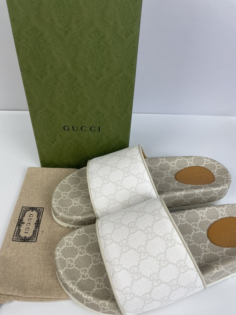 Gucci 699939 GG Supreme White/Mystic White Slides Sandals Mens 11