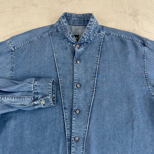 Acorn By Bob Goldfeder Shirt Men Large Blue Denim Star Metal Buttons Band Collar