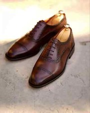 Men's Handmade Brown Leather Oxford Cap-Toe Lace Up Dress Formal Wear Shoes Men