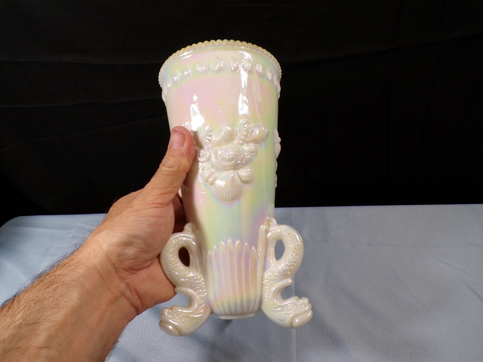 Westmoreland Milk Glass Carnival Glass MOP Argonaut Dolphin Footed Vase