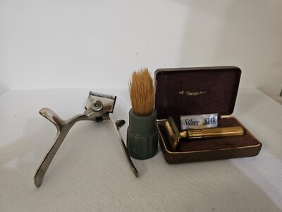 Vtg Gillette Gold Tone Razor Antique Manual Hair Clipper And Rubberset Brush