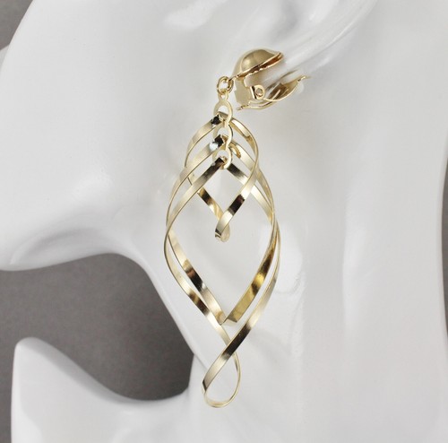 Gold Clip On earrings lightweight clips 3.5" long dangle chandelier big twist - 第 4/9 張圖片