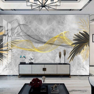 Kn-Collection Vlies Photo Wallpaper Marble Golden Leaf Smoke Abstract 12022