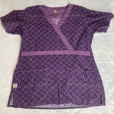 Women's CARHARTT Purple Floral Print Scrub Tops Small Pockets
