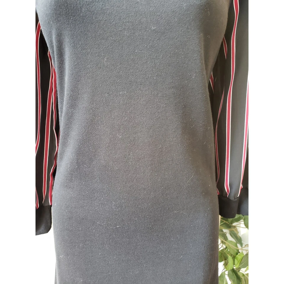 Vestido recto Luxology hasta la rodilla para mujer pequeño negro a rayas algodón cuello redondo Foto 2 de 4