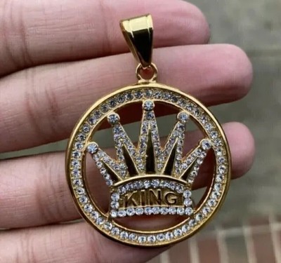 1Ct Round Cut Real Moissanite King Crown Charm Pendant 14K Yellow Gold Plated