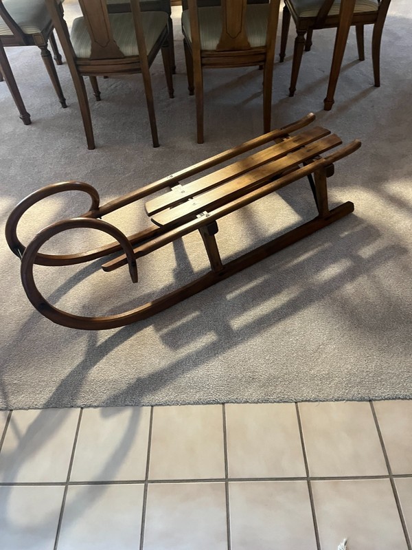 Vintage Wood Toboggan Sled Curved Horn Metal Slides Nice! 