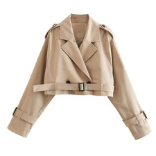 Large Brown Tan Crop Trench Jacket Double Breasted Belted Coat Autumn Zara Style