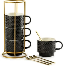 Gomakren Coffee Mugs Set of 4, 13 Ounce Stackable Mug Medium, Black 