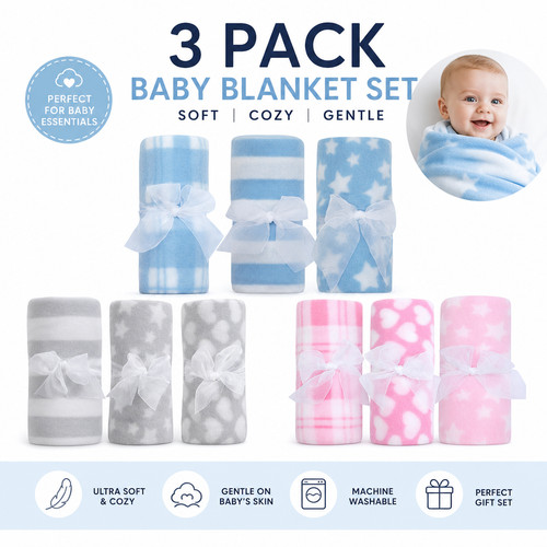Baby Fleece Blankets 3 Pack Babies Multi Purpose Pram Cot Cover Throw