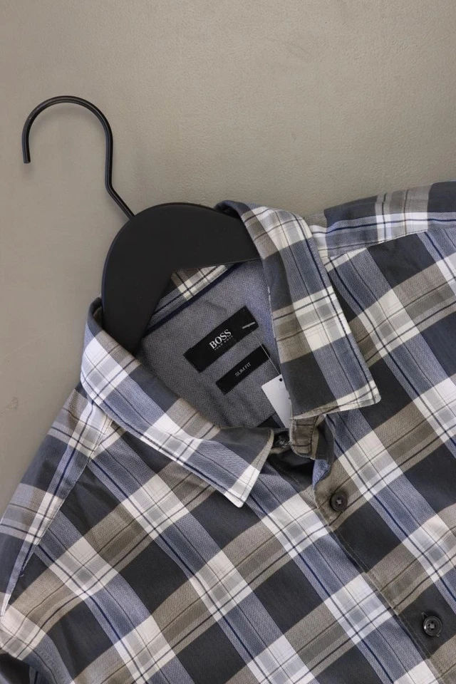 ✅ BOSS by Hugo Boss camicetta per uomo taglia 52, L a quadri blu di cotone ✅ - Immagine 3 di 4