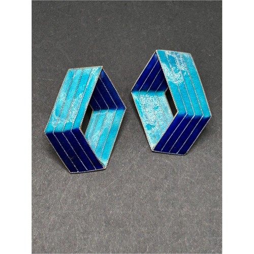 VTG Gold Over Sterling Silver 925 Two Tone Blue Enamel Geometric Post Earrings