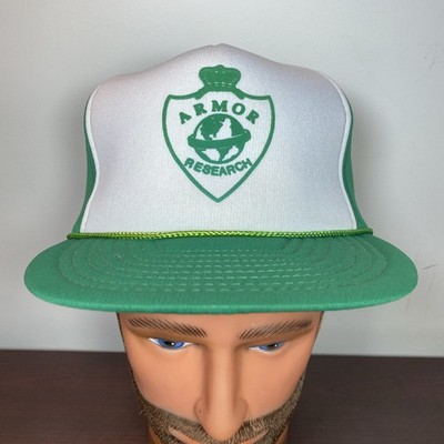 Vtg Armor Research Hat Cap Snap Back Green FULL FOAM Trucker Globe Shield