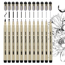 12-Piece Fineliner Pen, Assorted Point Sizes 0.05 to 3mm  Brush Pens, for Ar...