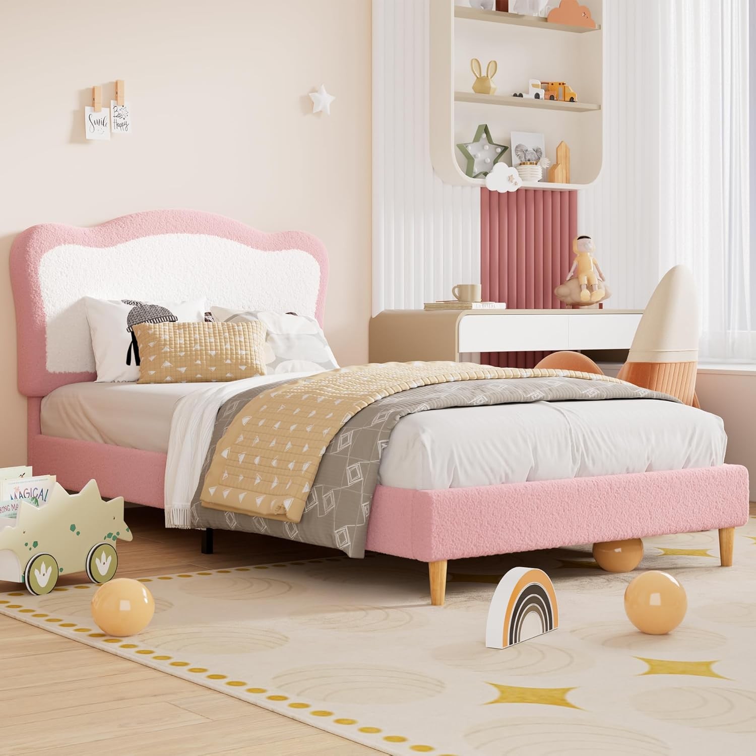 Pink Platform Bed With Headboard For Kids