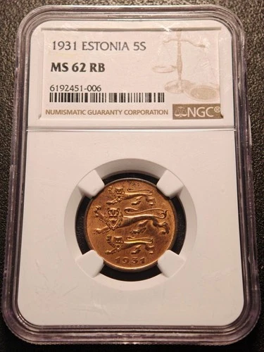 ESTONIA 5 Senti 1931 NGC MS62 RB Three Leopards