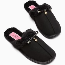 Kate Spade  6  Slipper Lacey House Slide Faux Fur Suede Heart Charm Shoe Black