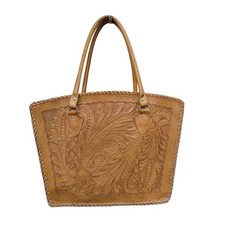 Womens Leather Natural Grain Tote Handbag Embossed Tooled Zip Top 16" X 12" Vtg