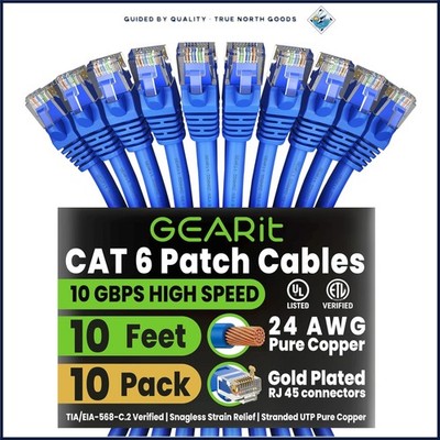 10 Pack Cat 6 Ethernet Patch Cables, 10ft Snagless High Speed Network Cord