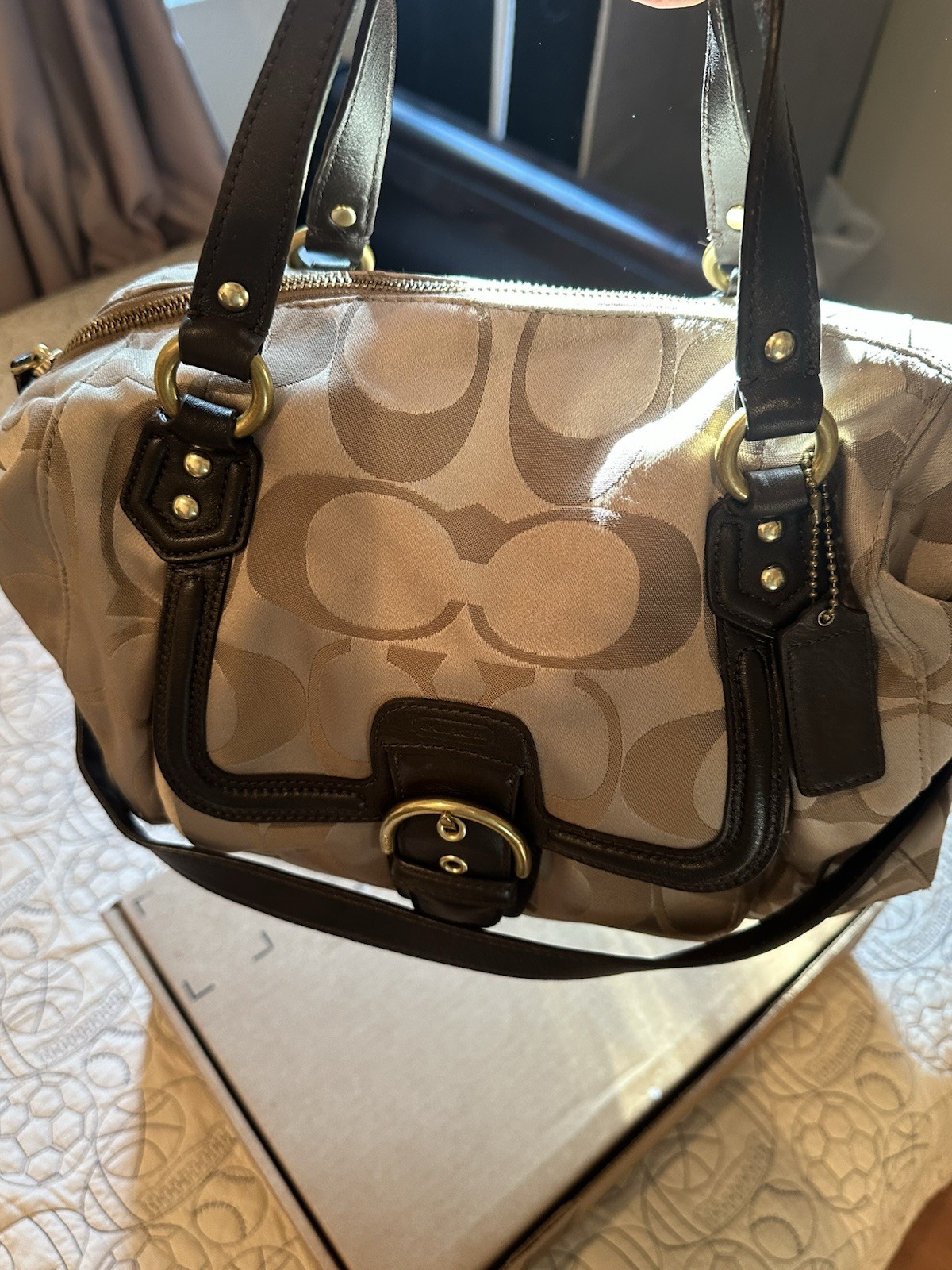 Coach Beige Brown Logo Satchel Bag Buckle Accent Gold Hardware Designer Style